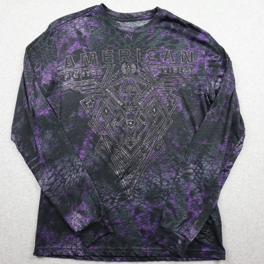 American Fighter T-Shirt Mens Medium Purple Grey Burnout Graphic Long Sleeve Tee